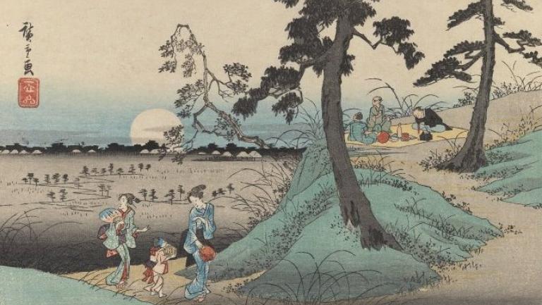 Traditional Japanese painting of two women and a child by the water with a group of people sitting next to them.