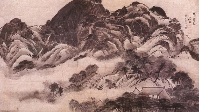 Traditional Korean painting of a mountain with fog and villages.